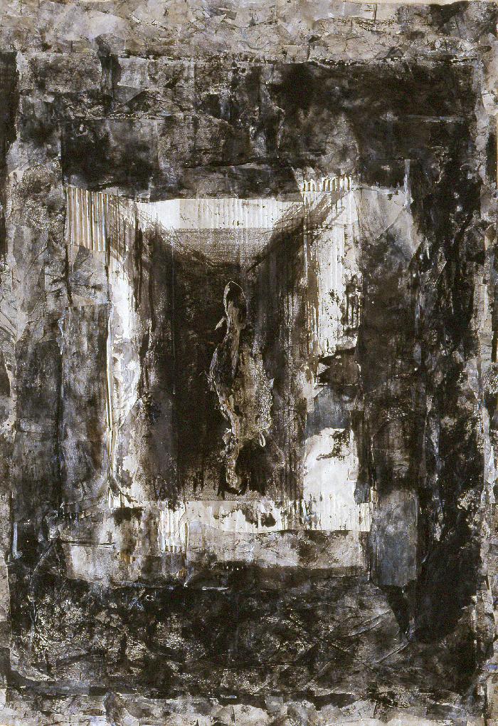 Tombant recomposé 1999, Indian and printing ink, Japanese paper, cardboard, on sheet, mounted on canvas, 160 x 112cm. 